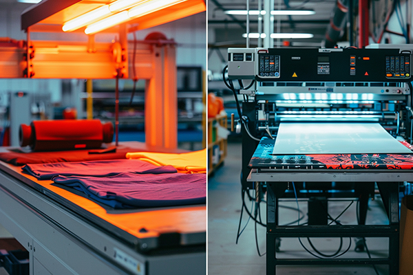 Side-by-side images of fabric preparation under heat lamps and a high-tech printing machine creating custom designs.