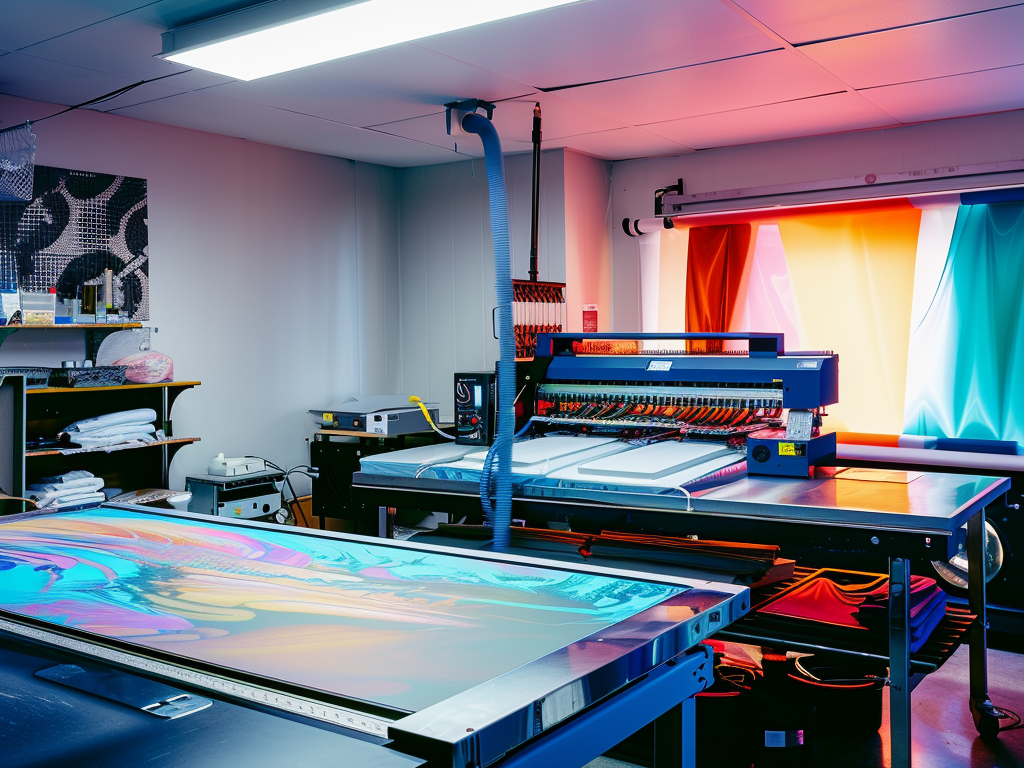 A vibrant textile printing studio with advanced printing equipment and colorful fabric designs.