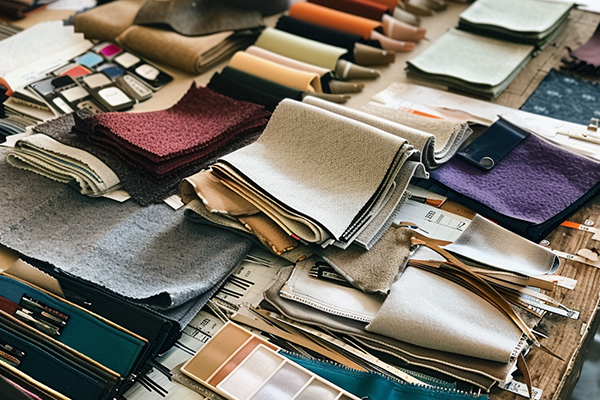 Various fabric swatches, color samples, and sewing materials arranged on a work table.