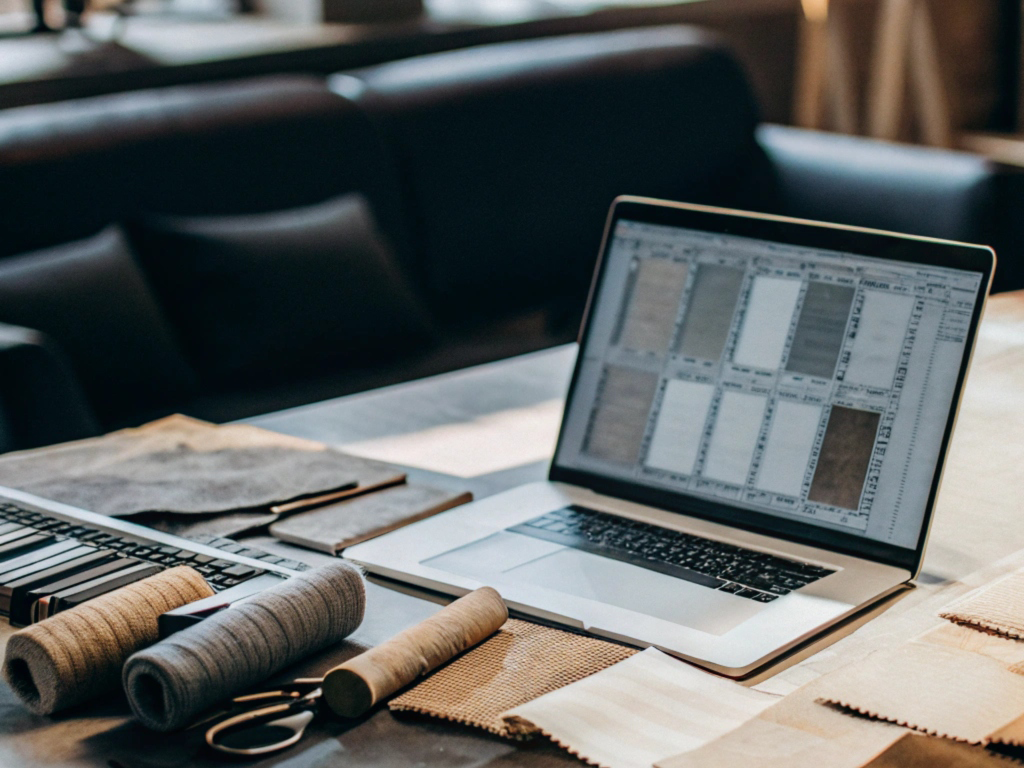 Laptop displaying fabric designs, with fabric samples, spools, and scissors on a worktable in a cozy studio.