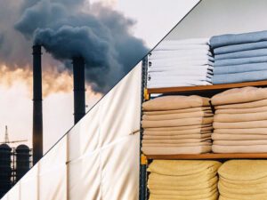 Split image showing industrial smoke pollution and neatly folded sustainable fabric stacks, symbolizing the environmental impact of textile production.