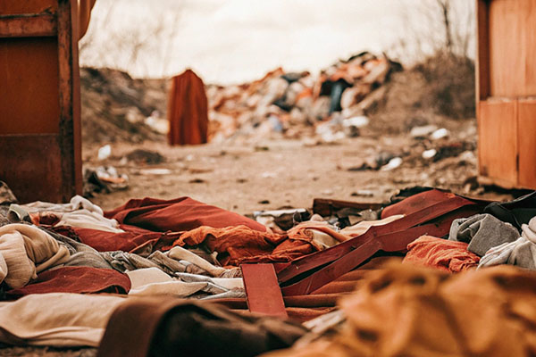 Piles of discarded clothing and fabric in a landfill under a cloudy sky, highlighting textile waste issues in the fashion industry.