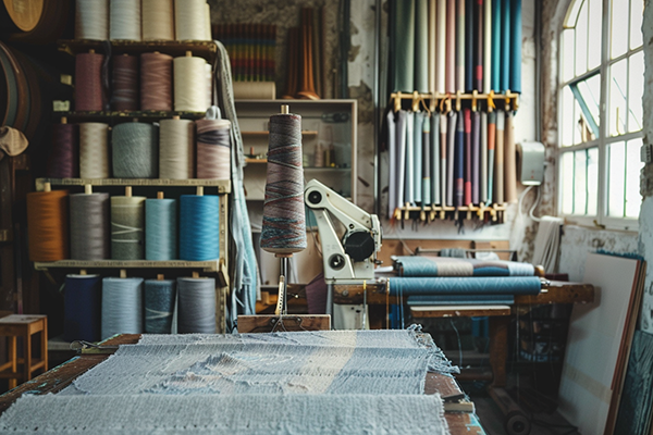 Weaving equipment with yarn spools and fabric rolls in a workshop.