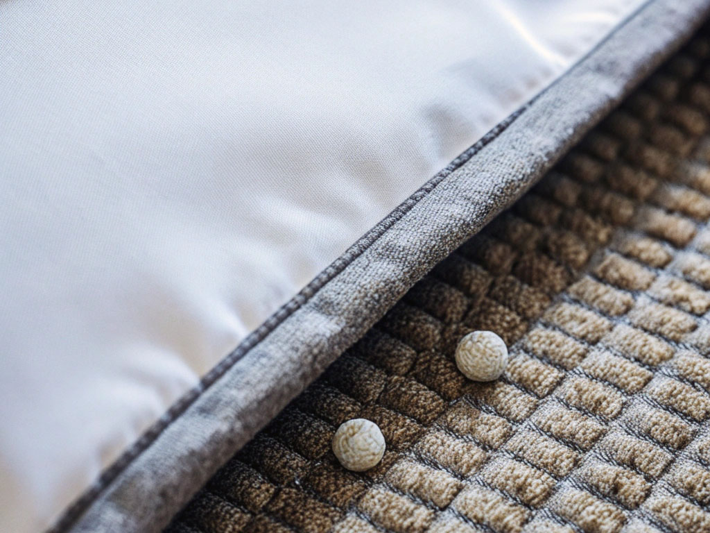 Close-up of textured beige fabric with white quilted material on top and two small decorative balls placed on the surface.