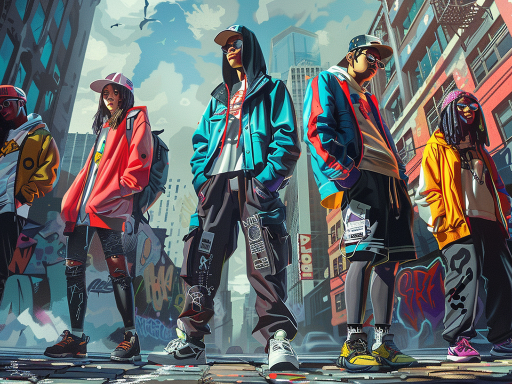 A group of young individuals dressed in bold, colorful streetwear posing against a graffiti-filled cityscape.