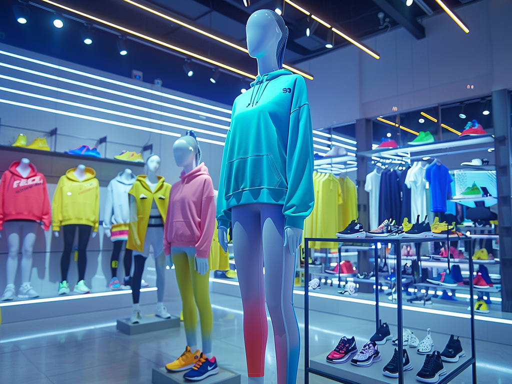 Mannequins dressed in colorful activewear hoodies and sneakers on display in a brightly lit sportswear store.