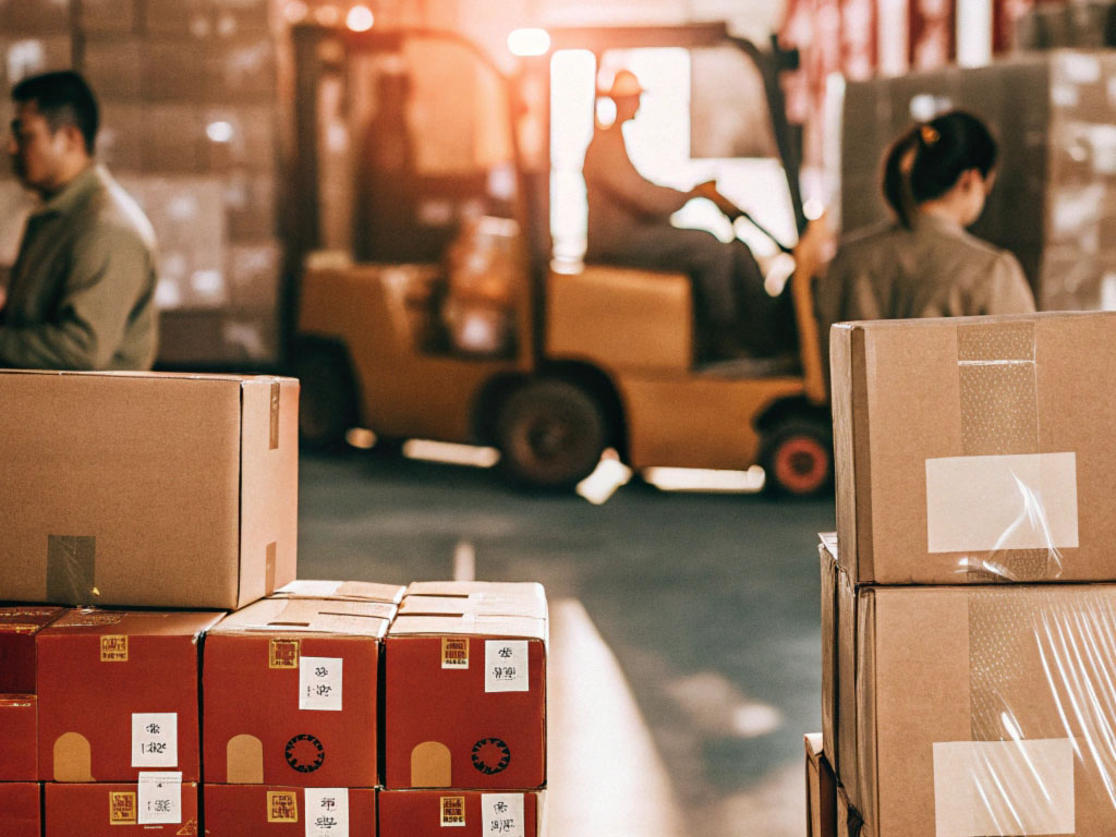 Workers and a forklift in a busy warehouse, with stacked cardboard boxes in the foreground and sunlight streaming in.