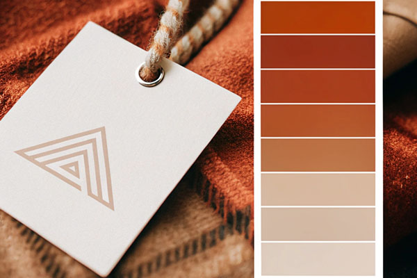Minimalist beige product tag with a geometric triangle design, placed on warm-toned fabric, accompanied by a gradient color palette ranging from deep red to soft beige.