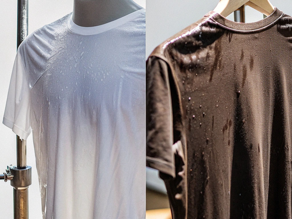 Close-up of white and black water-resistant t-shirts with visible water droplets, displayed on a mannequin and a hanger.