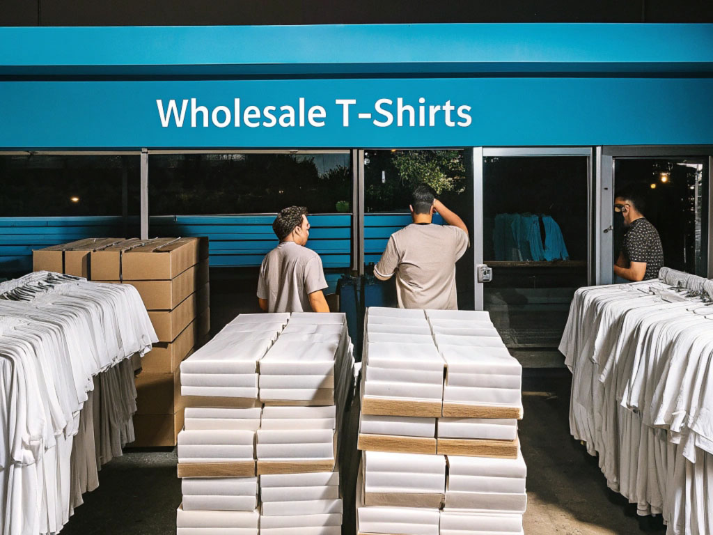 A stockroom filled with stacked white T-shirts and boxes, with workers organizing under a sign that reads "Wholesale T-Shirts."