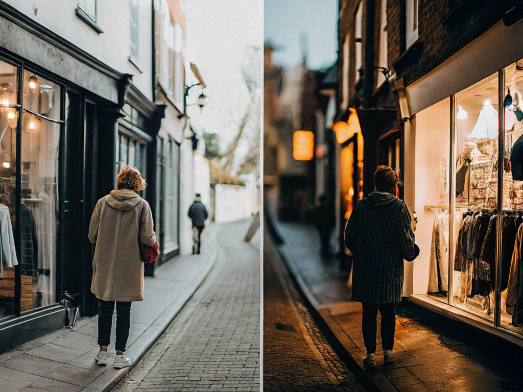 A person in a beige coat walking past a shop window during the day on the left, and the same person window shopping at night with illuminated displays on the right.