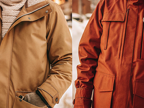 Two stylish winter jackets, one beige and one rust-colored, modeled outdoors in a snowy setting.