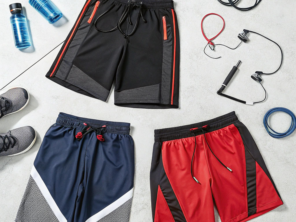 Black, red, and navy athletic shorts arranged with sneakers, water bottles, and workout accessories.