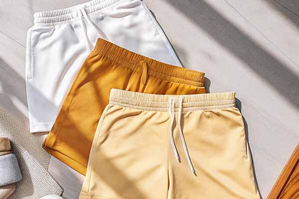 Three pairs of casual shorts in white, mustard yellow, and beige tones, laid out in sunlight on a light wooden floor.