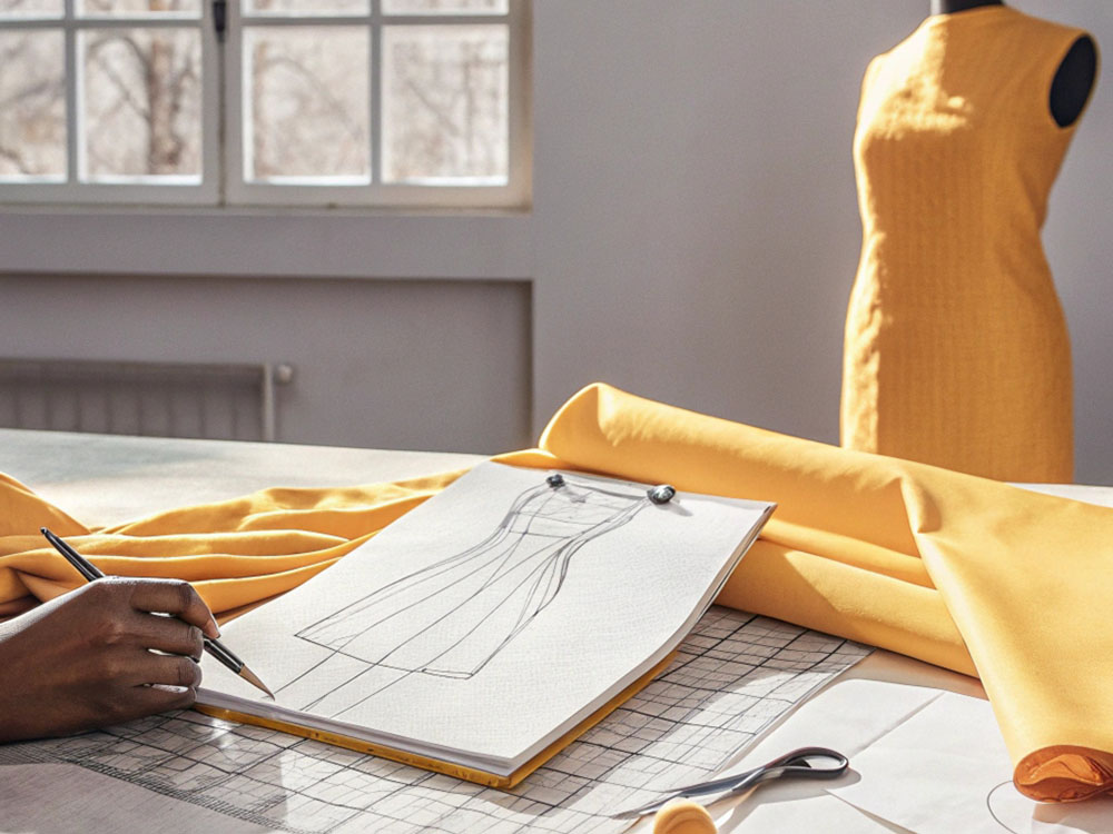 Designer sketching a yellow dress on a clipboard surrounded by fabric rolls, scissors, and a mannequin displaying a finished yellow garment in a sunny studio.