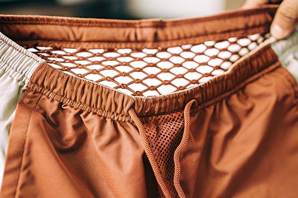 Close-up of brown shorts with elastic waistband, inner mesh lining, and drawstring detail.