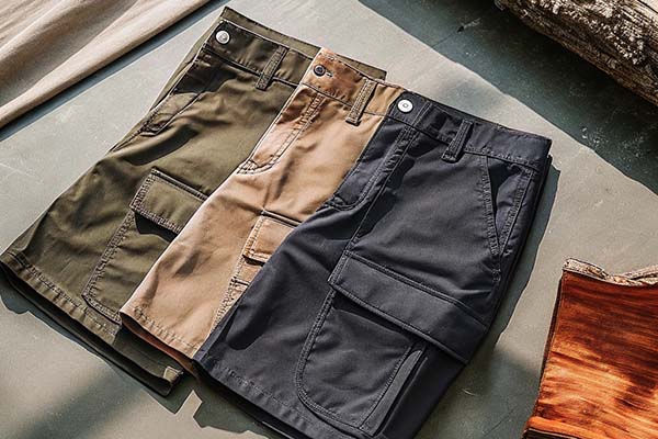 Set of three cargo shorts in olive green, beige, and navy, displayed on a table under soft natural light.