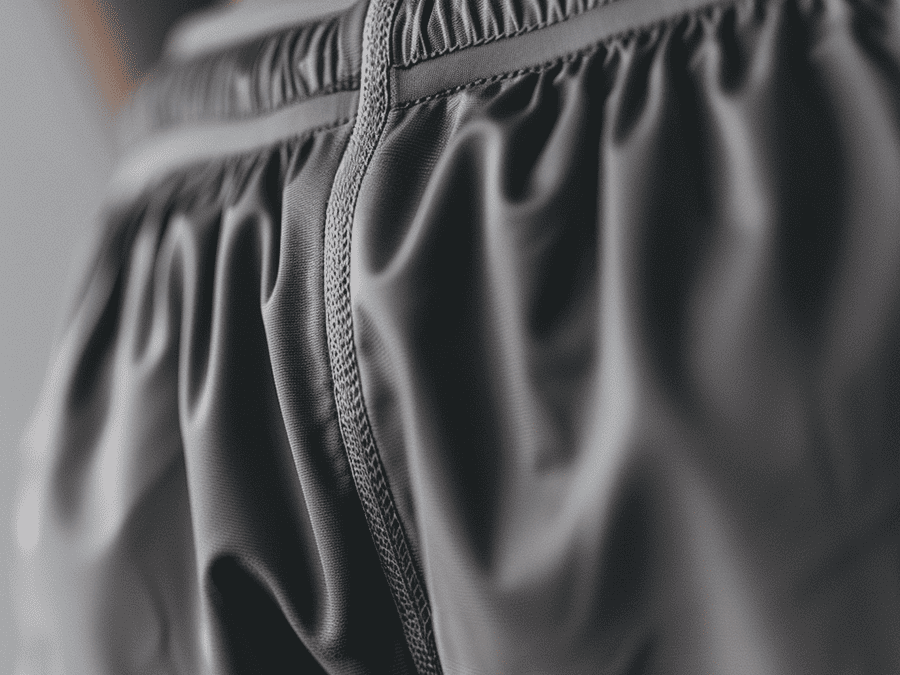 Close-up of black sports shorts featuring an elastic waistband and detailed stitching for durability.
