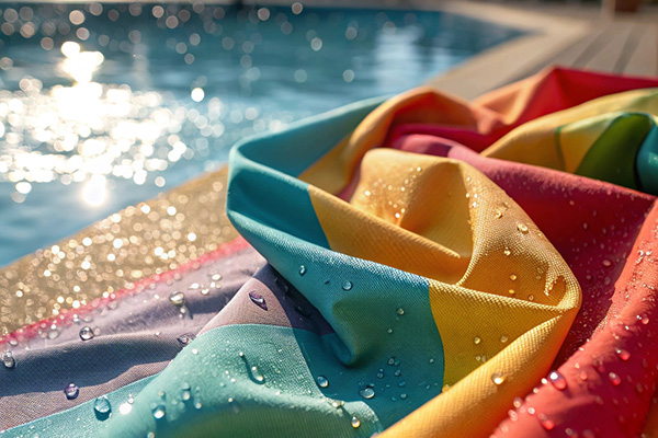 Rainbow-striped towel with water droplets draped near a sparkling poolside.
