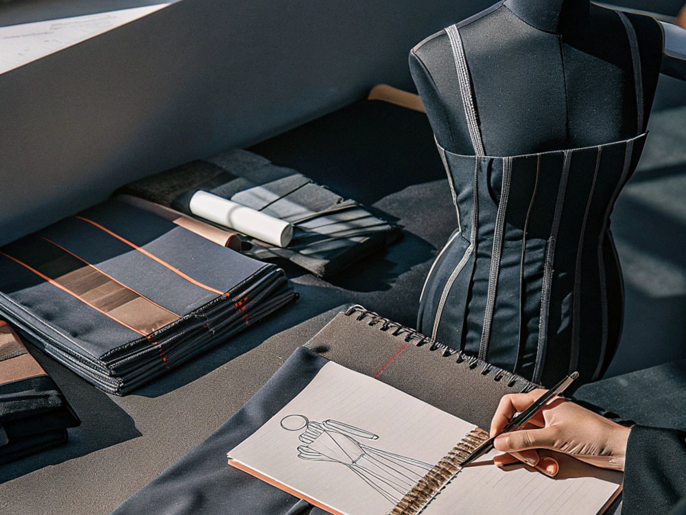 Designer sketching a dress with corset details at a workspace featuring fabric samples, a black mannequin wearing a corset, and sewing tools under soft sunlight.