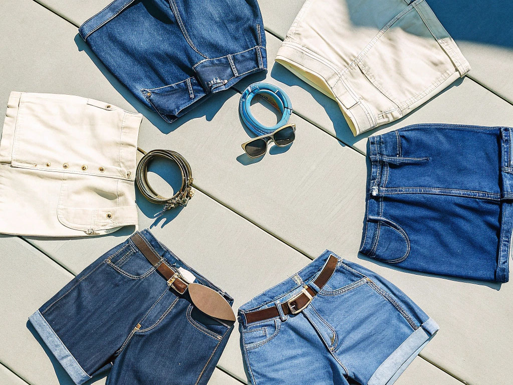 A variety of denim and cotton shorts arranged with belts, sunglasses, and accessories.