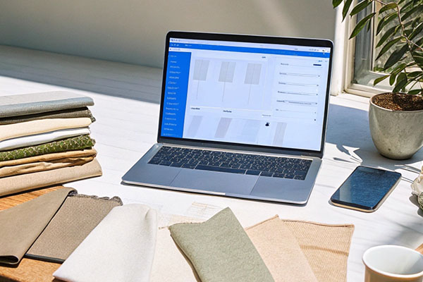 Laptop displaying fabric design software, surrounded by neutral and green fabric swatches, a stack of folded textiles, and a smartphone on a sunlit desk.
