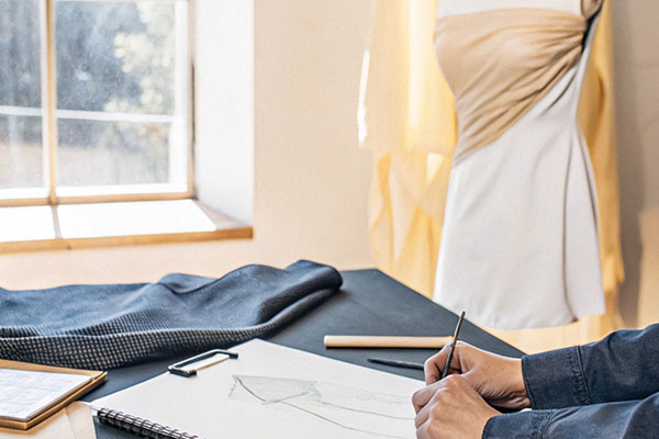 Designer sketching a dress on paper at a worktable with fabric swatches, tools, and a mannequin draped in beige fabric in a well-lit studio.