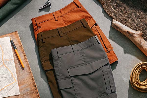 Three utility shorts in rust, olive, and gray shades, displayed on a table with rope, map, and outdoor tools.