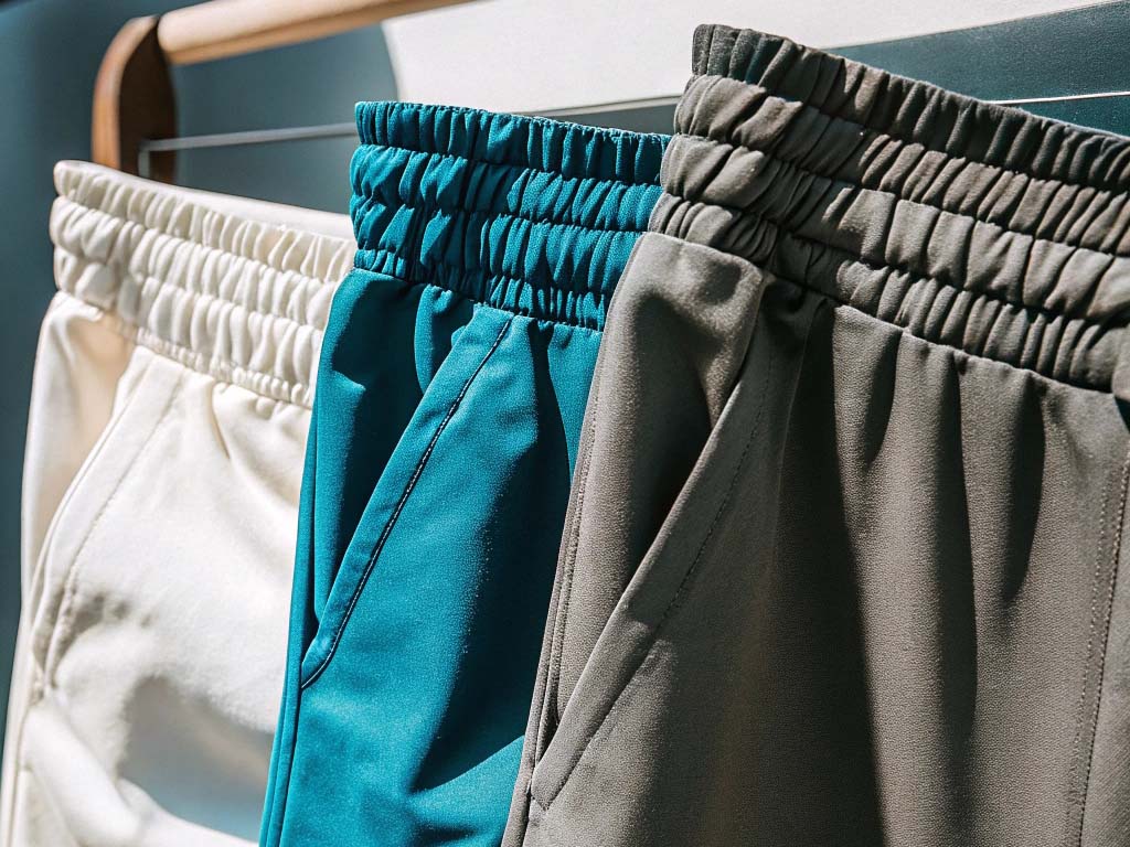 Close-up of three elastic-waist shorts in cream, teal, and olive green, hanging on a rack with sunlight highlighting the textures.