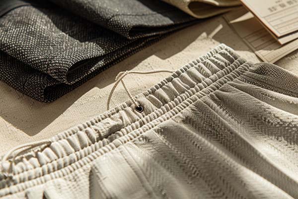 Close-up of an elastic waistband detail with drawstring and textured fabrics in the background.