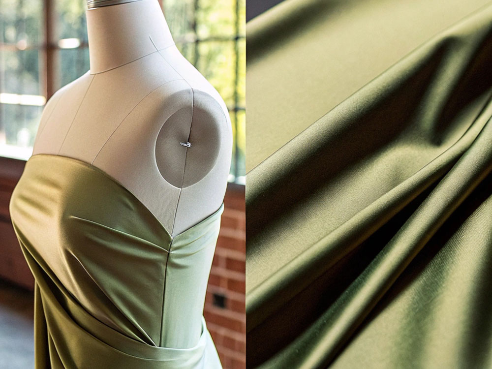 Close-up of a mannequin wearing a draped olive green satin fabric on the left and a detailed view of the smooth satin material on the right, highlighted by natural light.