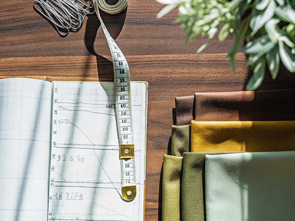 Open notebook with sketches, measuring tape, and fabric samples in green, brown, and yellow tones on a wooden desk.