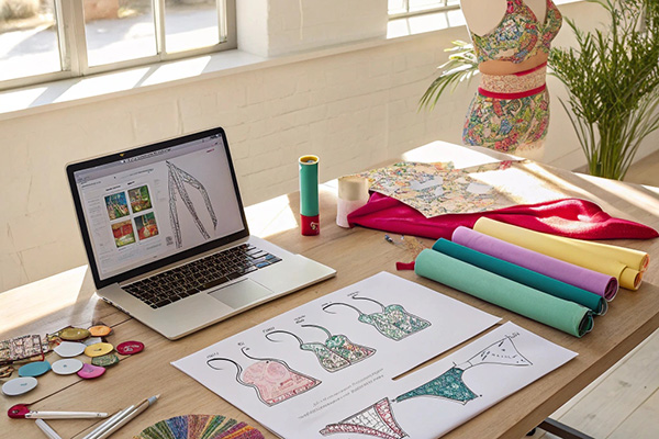 Desk with swimwear sketches, colorful fabric rolls, buttons, and a laptop in a bright studio.