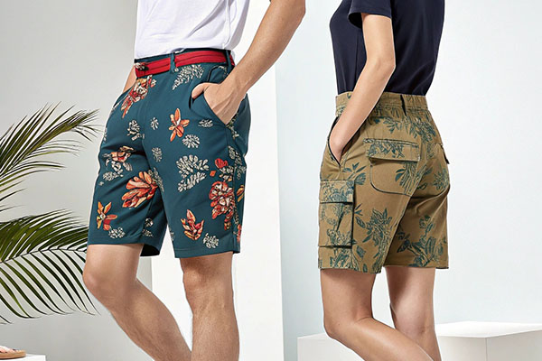 Man in floral print shorts and woman in leafy khaki shorts paired with casual tops.