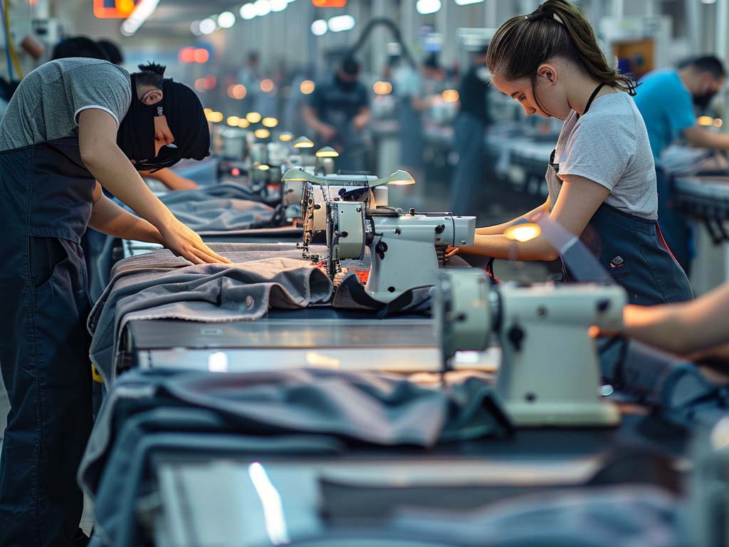 Workers sewing fabric at industrial sewing machines in a busy garment factory environment.