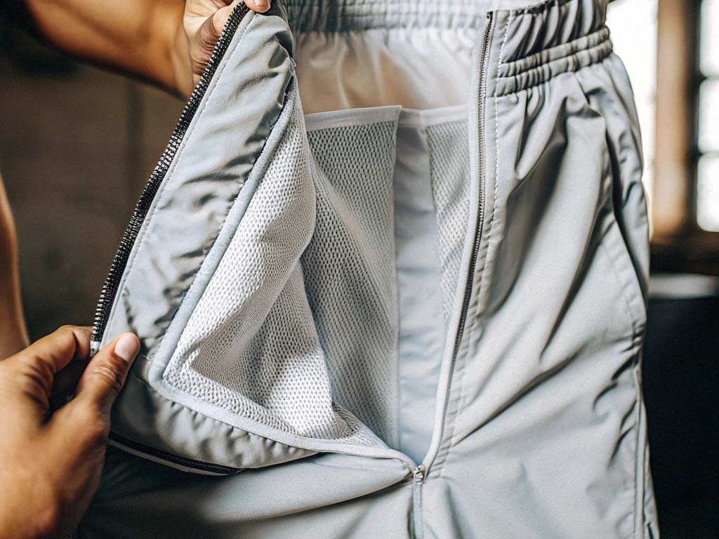 Close-up of hands holding open light gray shorts, showcasing the breathable mesh lining and zippered opening.