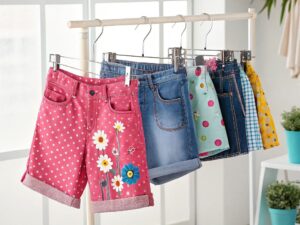 Colorful kids' shorts with floral, denim, and patterned designs hanging on a rack.