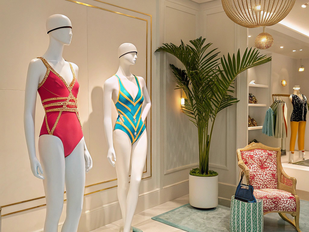 Mannequins in stylish swimsuits in an elegant boutique with decor and seating.