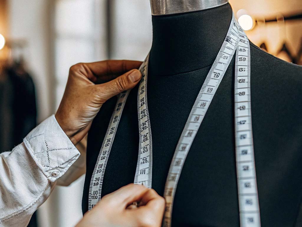 Tailor measuring a black mannequin with a white measuring tape in a brightly lit studio.