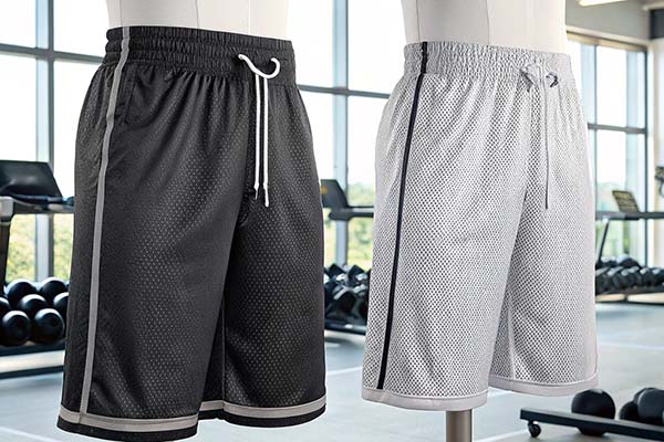 Black and white mesh athletic shorts with drawstrings displayed in a gym setting.