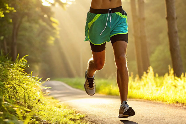 Man jogging on a forest trail wearing green running shorts and black compression tights.