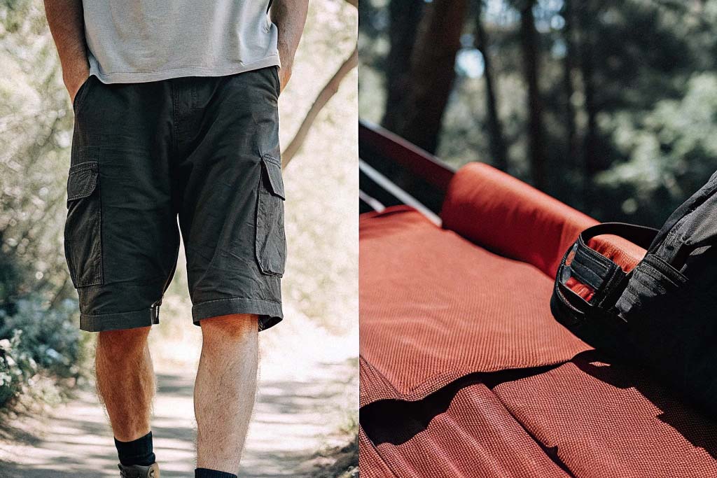 Man wearing dark cargo shorts walking on a forest trail, paired with a red bench featuring a backpack under natural sunlight.