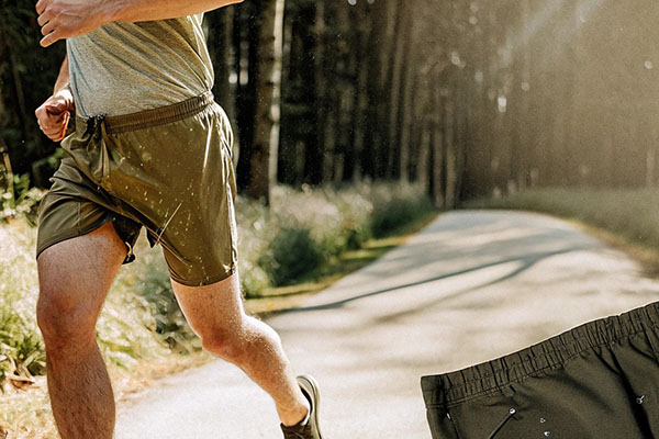 Man jogging on a sunny forest path, wearing olive green athletic shorts and a gray shirt.