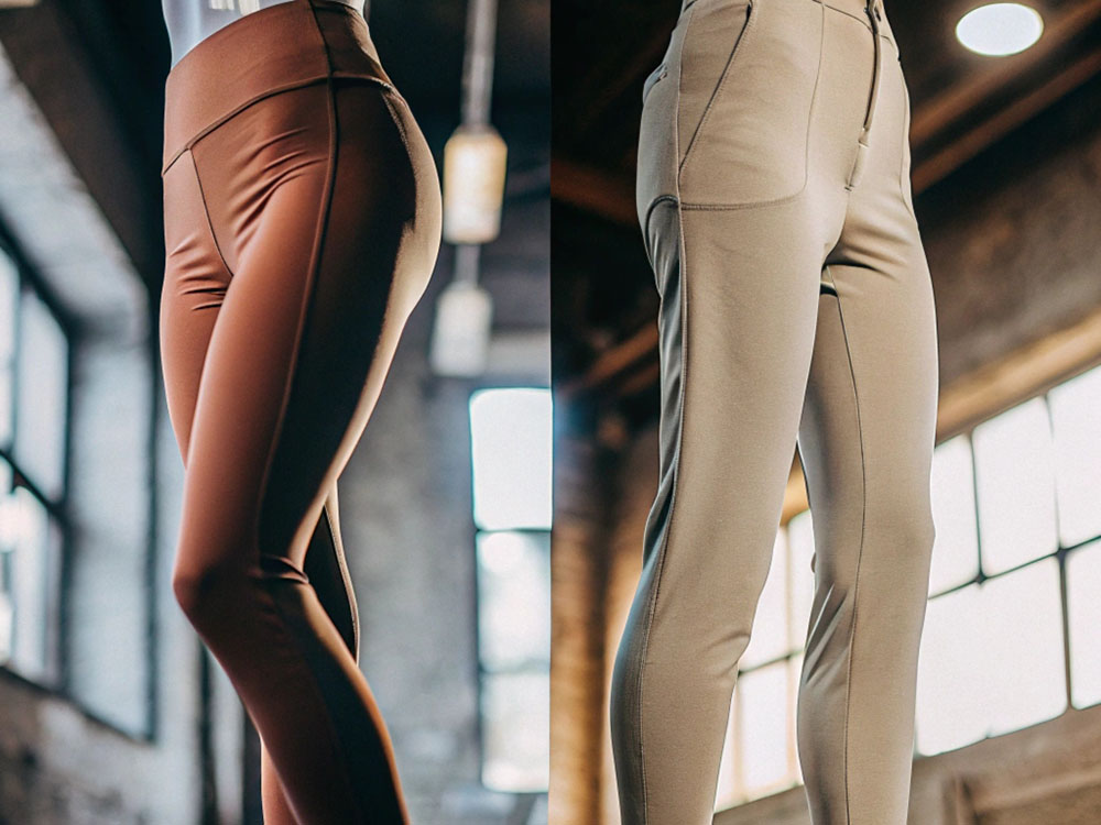 Close-up of two styles of leggings: sleek brown activewear on the left and beige casual leggings with pockets on the right, displayed in an industrial studio setting.