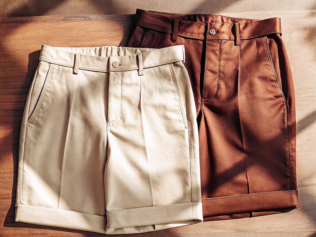Beige and brown pleated shorts with cuffed hems displayed on a wooden surface under warm natural light.