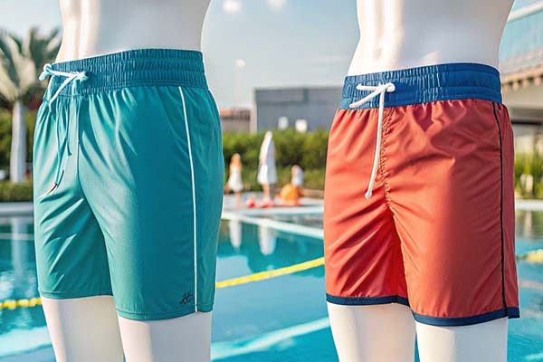 Mannequins showcasing green and orange-blue swim shorts with drawstrings near a pool.