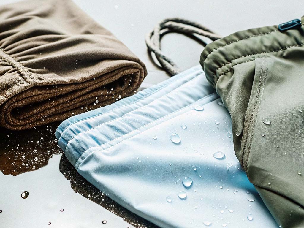 Folded brown, blue, and green quick-dry shorts with water droplets, showcasing their water-repellent design.