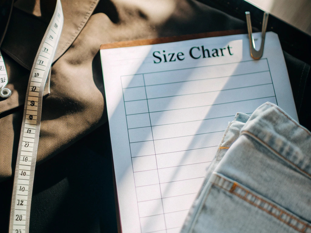 Blank size chart clipboard with a measuring tape and folded denim nearby.