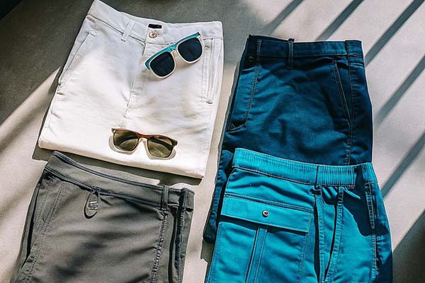 Four pairs of shorts in white, navy, gray, and teal, displayed with matching sunglasses on a sunlit surface.