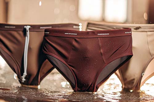 Close-up of three swim briefs in maroon, black, and beige, with water droplets on a reflective surface.